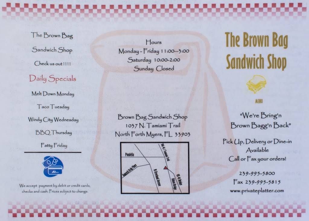 Brown Bag Sandwich Shop | meal takeaway | 1037 N Tamiami Trail, North Fort Myers, FL 33903, USA | 2399955800 OR +1 239-995-5800