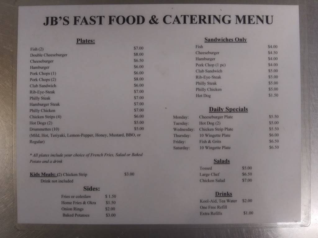 J Bs Fast Food | restaurant | 413 Edgefield St, Greenwood, SC 29646, USA | 8642233278 OR +1 864-223-3278