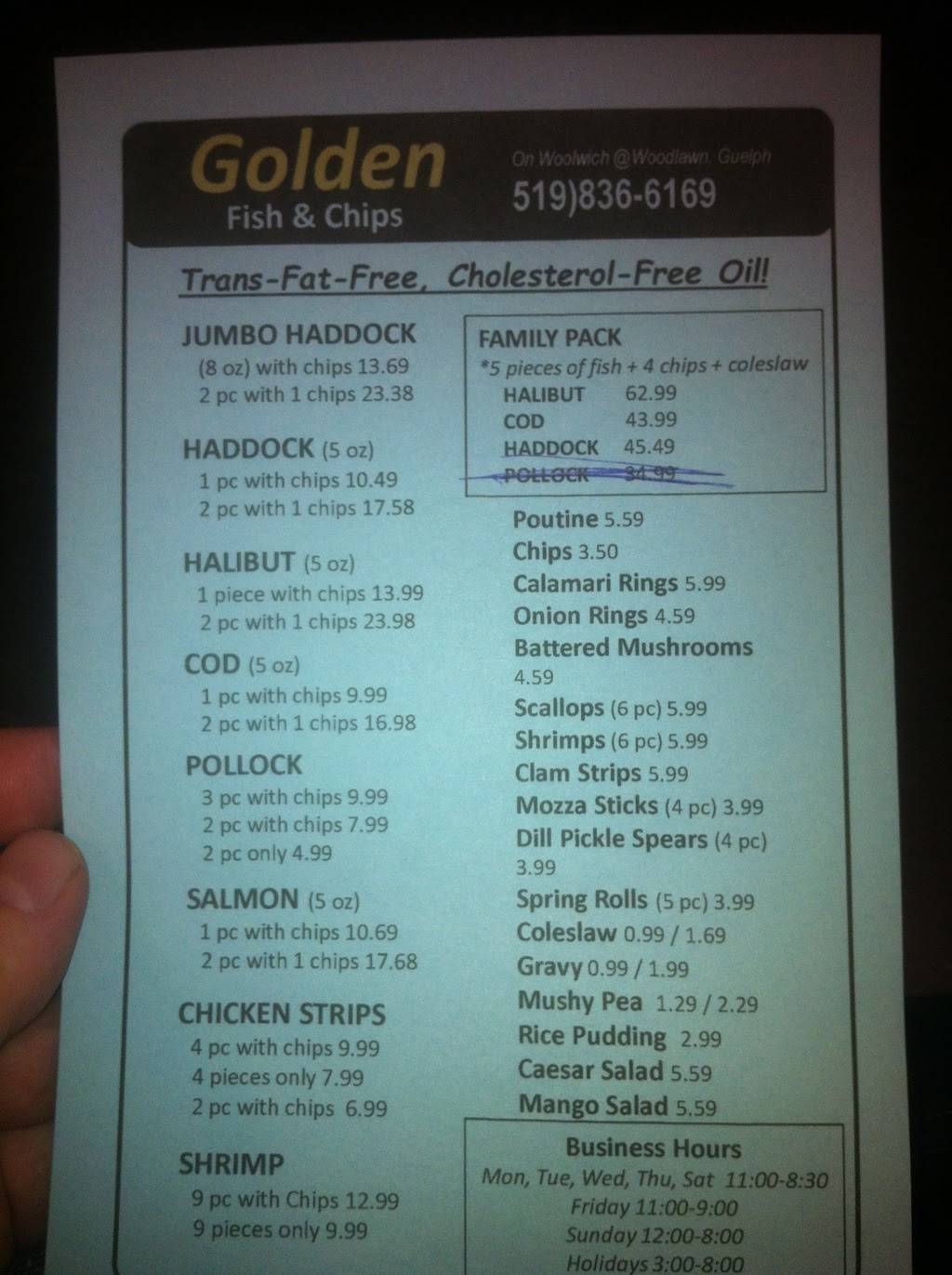 Golden Fish and Chips | meal takeaway | 787 Woolwich St, Guelph, ON N1H 3Z1, Canada | 5198366169 OR +1 519-836-6169