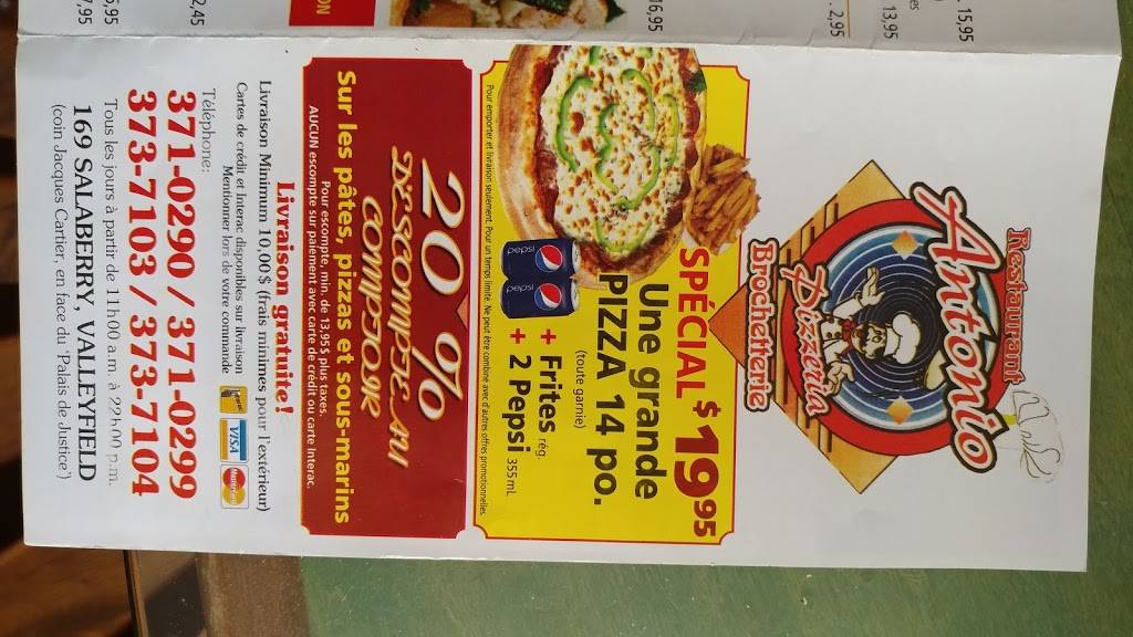 Antonio Pizzeria Restaurant | restaurant | 169 Rue Salaberry O, Salaberry-de-Valleyfield, QC J6T 2H8, Canada | 4503737103 OR +1 450-373-7103