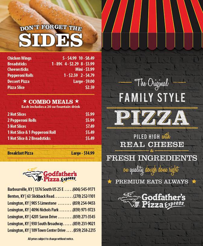 Godfathers Pizza Express | restaurant | 1376 S US Highway 25 E, Barbourville, KY 40906, USA | 6065459171 OR +1 606-545-9171