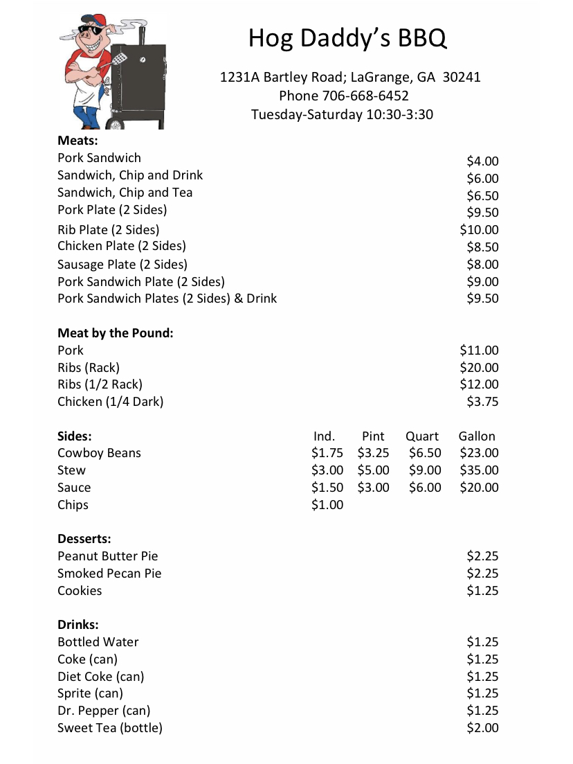 Hog Daddys BBQ | restaurant | 1231 Bartley Rd, LaGrange, GA 30241, USA | 7066686452 OR +1 706-668-6452