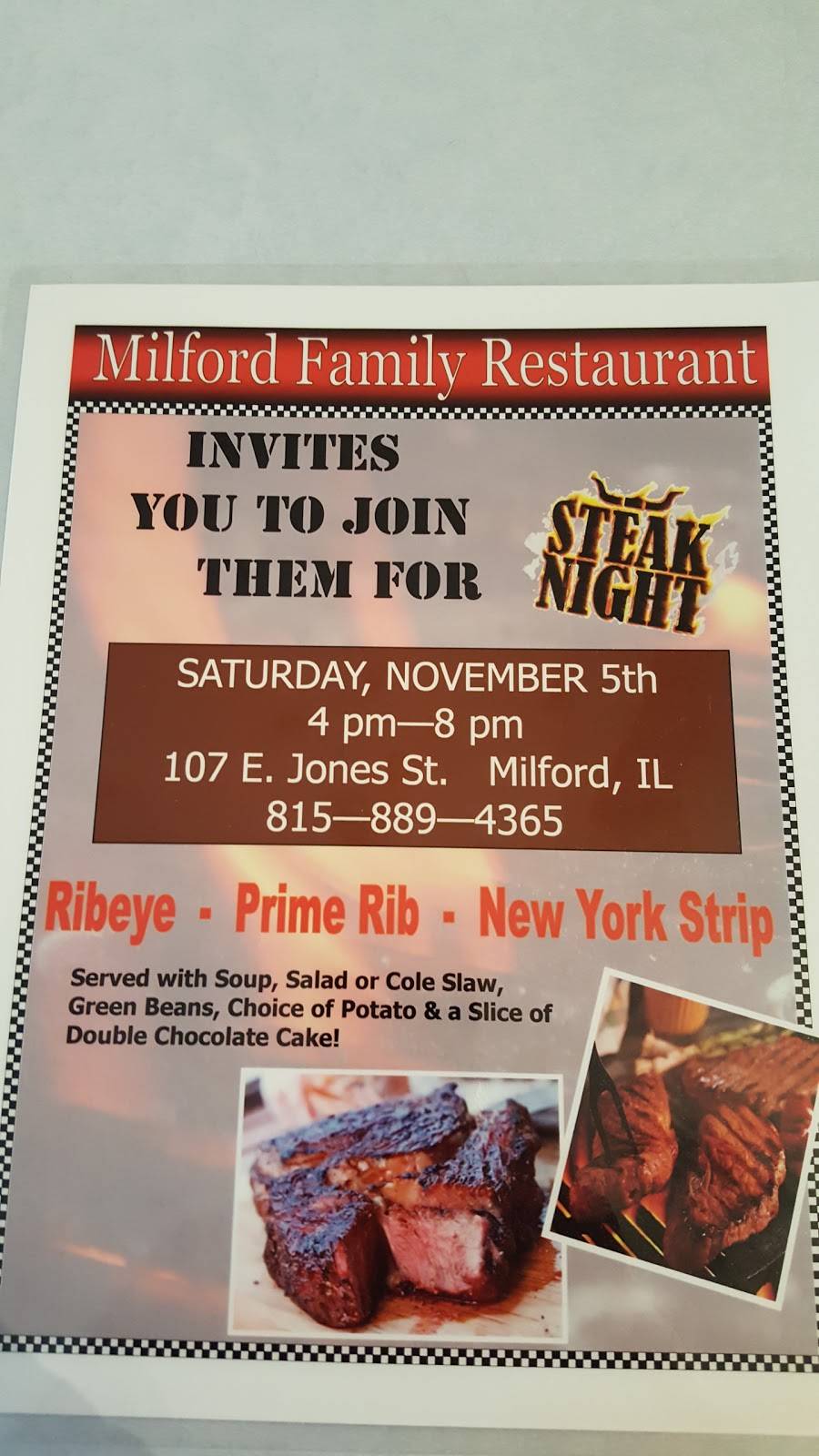 Milford Family Restaurant | restaurant | 107 E Jones St, Milford, IL 60953, USA | 8158894365 OR +1 815-889-4365
