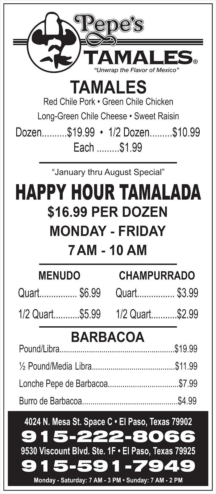 Pepes Tamales | restaurant | 4024 N Mesa St C, El Paso, TX 79902, USA | 9152228066 OR +1 915-222-8066