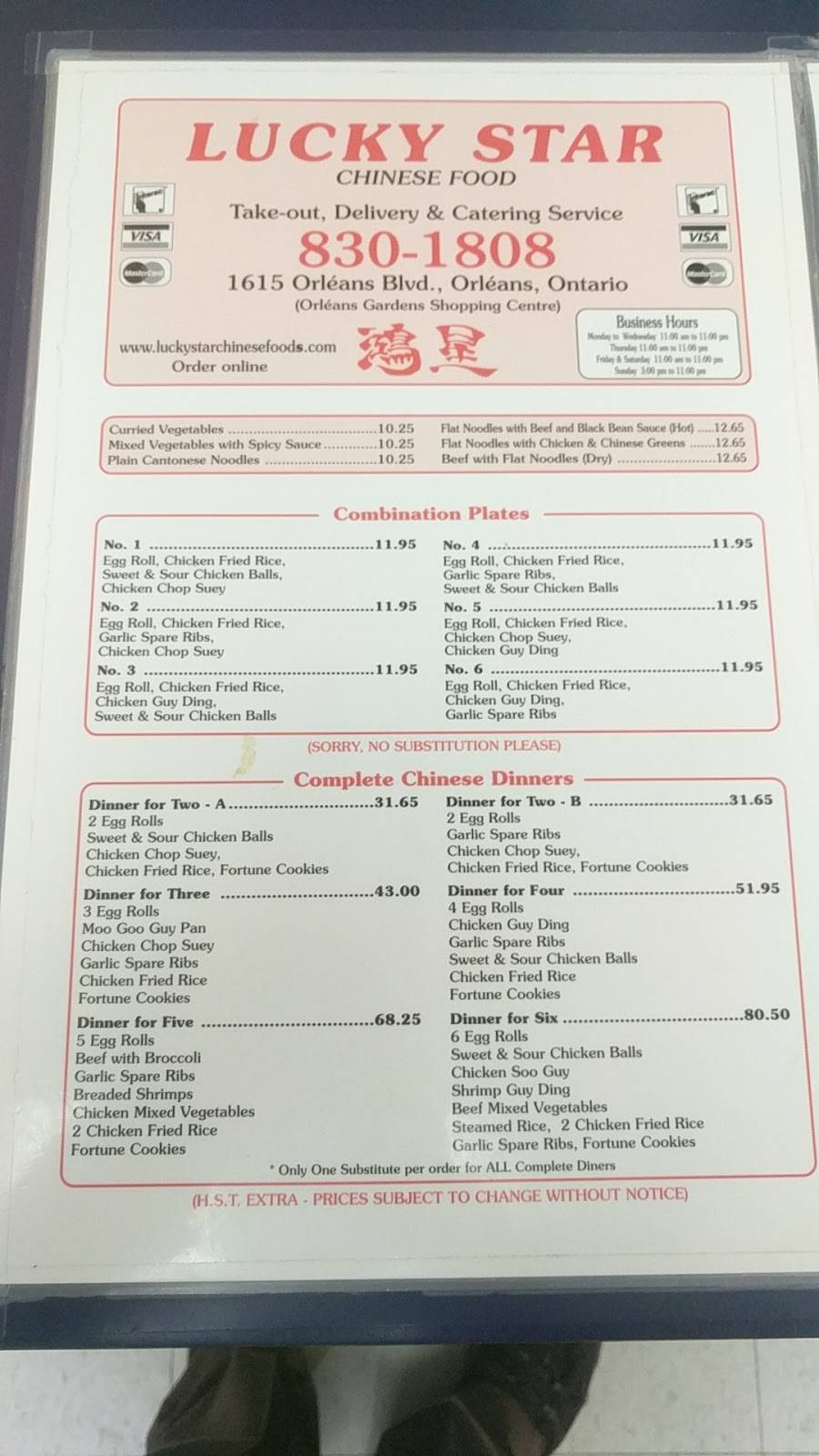 Lucky Star Chinese Food | meal takeaway | 1615 Orléans Blvd, Orléans, ON K1C 7E2, Canada | 6138301808 OR +1 613-830-1808