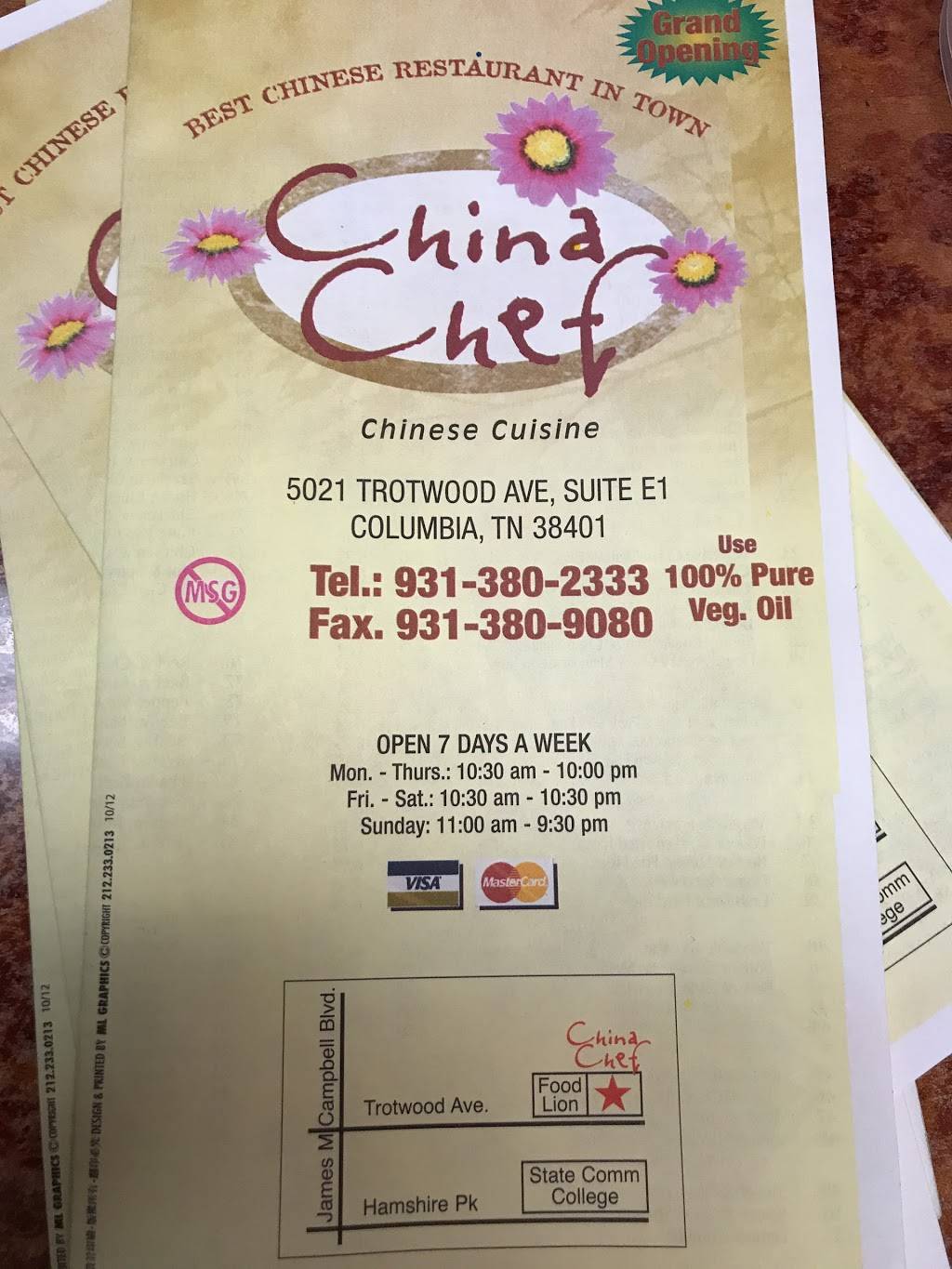 China Chef | restaurant | 5021 Trotwood Ave # D2, Columbia, TN 38401, USA | 9313802333 OR +1 931-380-2333