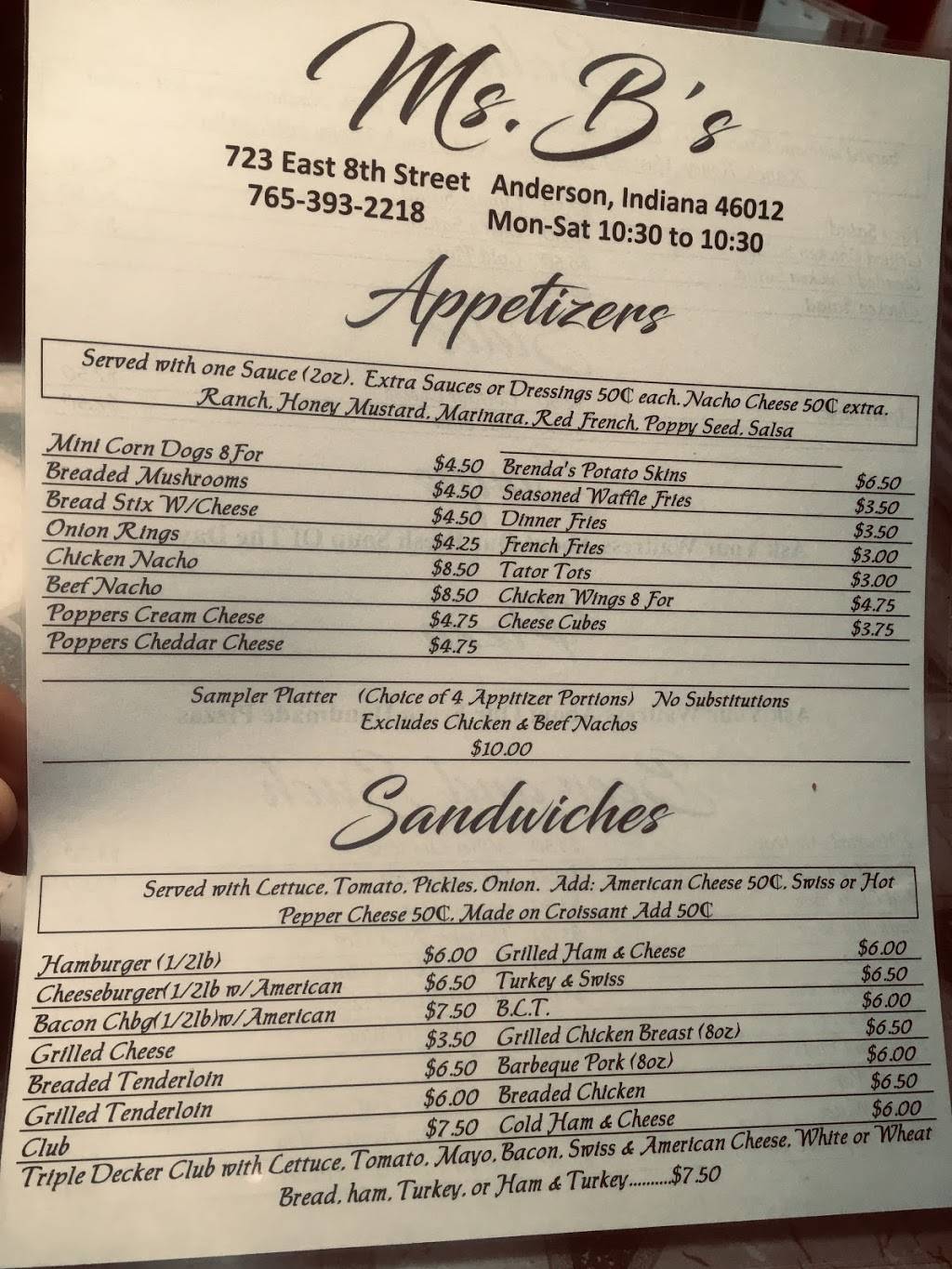 Ms. B’s Restaurant/Pub | restaurant | 723 E 8th St, Anderson, IN 46012, USA | 7653932218 OR +1 765-393-2218