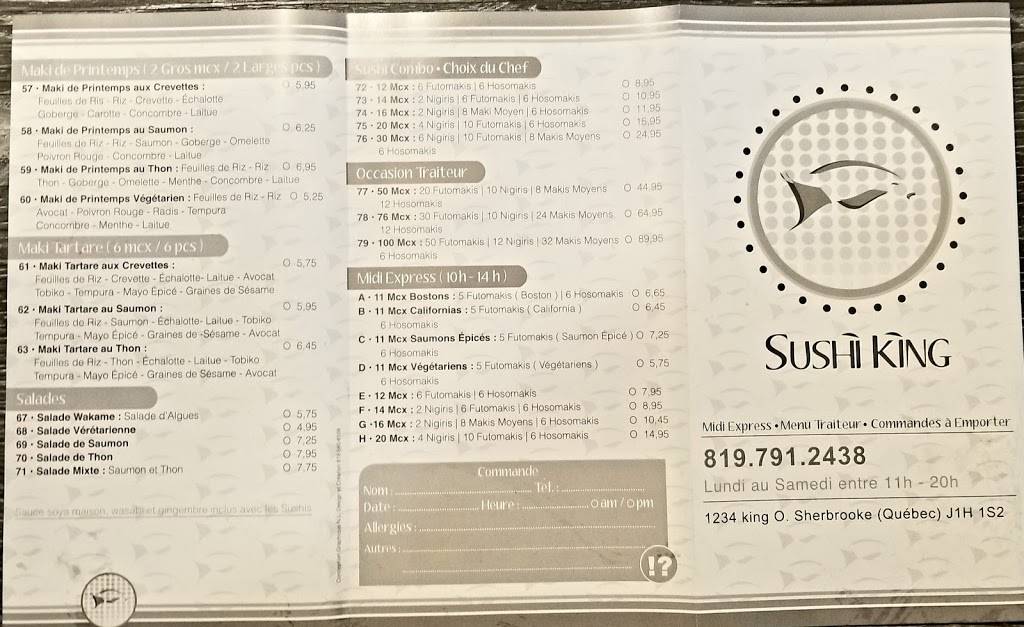 Sushi King | restaurant | 1234 Rue King Ouest, Sherbrooke, QC J1H 1S2, Canada | 8197912438 OR +1 819-791-2438