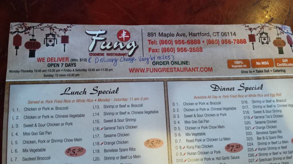 Fung Chinese Restaurant | restaurant | 891 Maple Ave, Hartford, CT 06114, USA | 8609566888 OR +1 860-956-6888