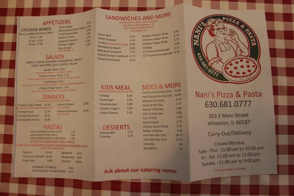 Nanis Pizza & Pasta | restaurant | 303 S Main St, Wheaton, IL 60187, USA | 6306810777 OR +1 630-681-0777