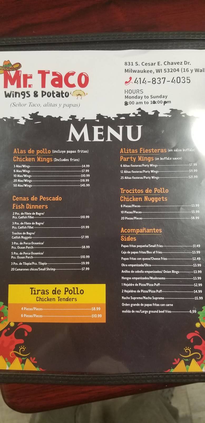 Mr. Taco, Wings & Potato - Fast Food Restaurant Milwaukee | restaurant | 831 S Cesar E Chavez Dr, Milwaukee, WI 53204, USA | 4148374035 OR +1 414-837-4035