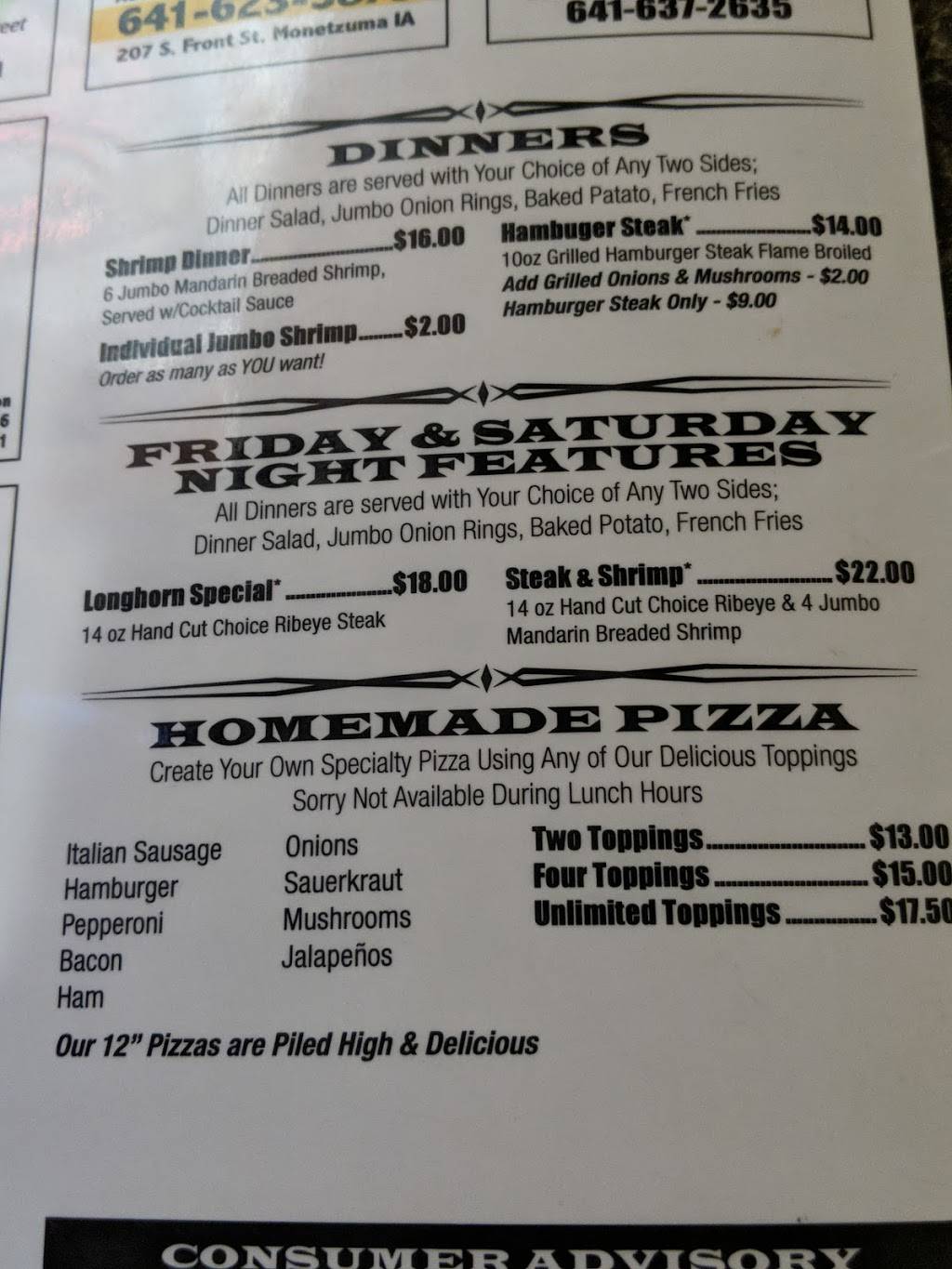 Longhorn Saloon | restaurant | Broadway St, Barnes City, IA 50027, USA | 6416445145 OR +1 641-644-5145