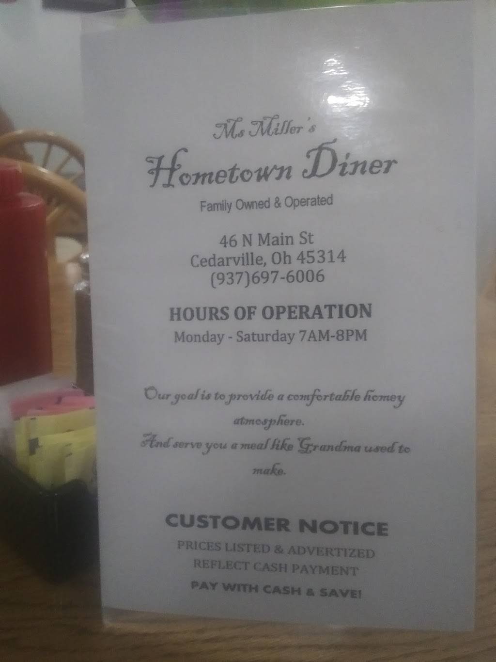 Ms. Millers Hometown Diner | restaurant | 46 N Main St, Cedarville, OH 45314, USA | 9376976006 OR +1 937-697-6006