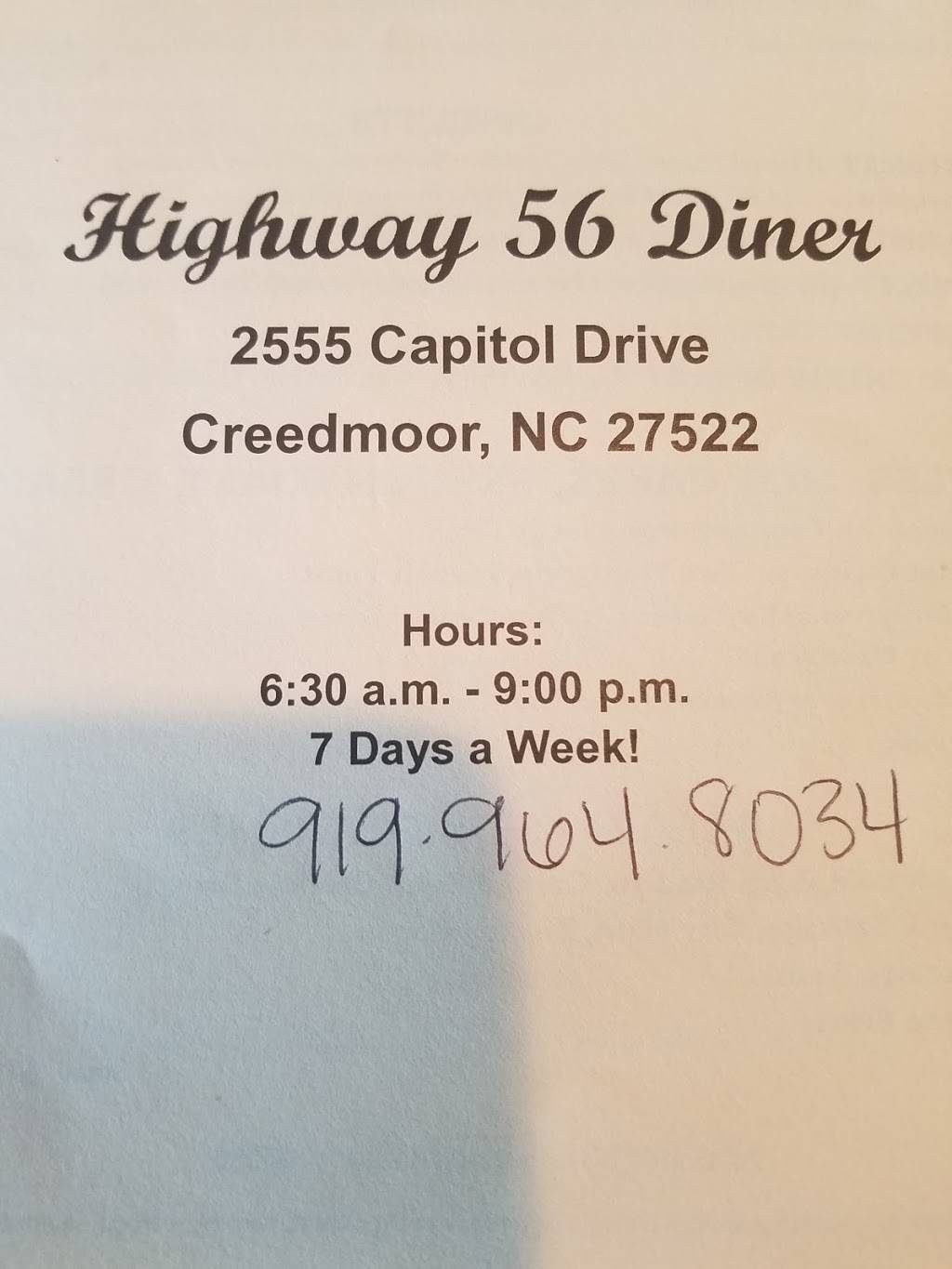 Diner 56 | restaurant | 2555 Capitol Dr, Creedmoor, NC 27522, USA | 9199648034 OR +1 919-964-8034