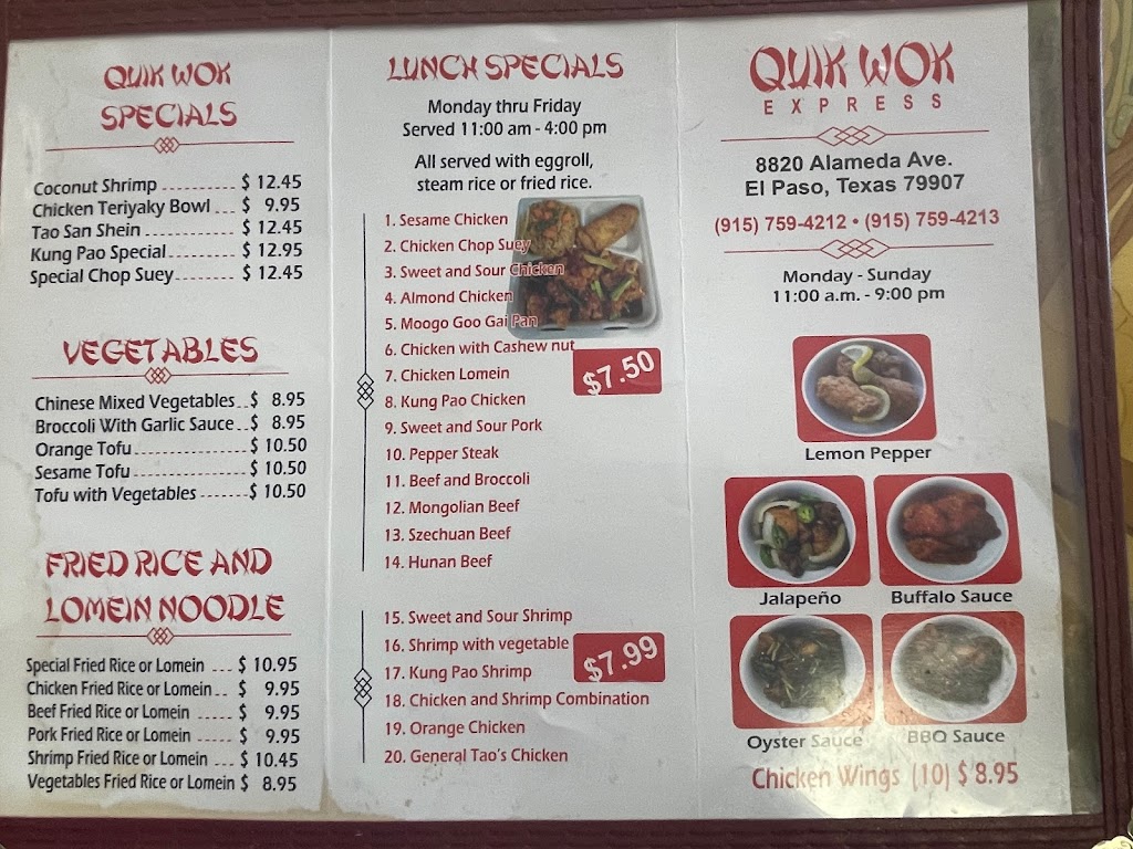 Quik Wok Express | restaurant | 8820 Alameda Ave, El Paso, TX 79907, USA | 9157594212 OR +1 915-759-4212