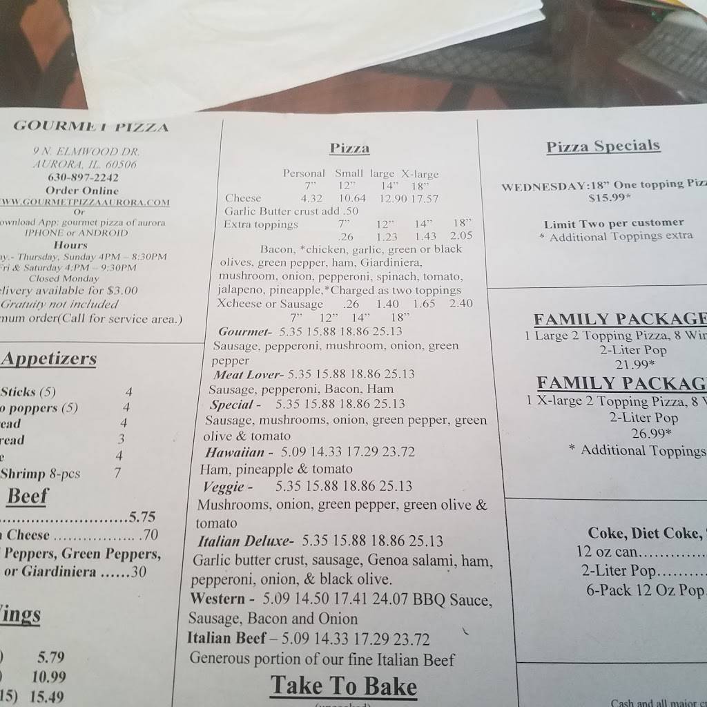 Gourmet Pizza Corporation | restaurant | 9 N Elmwood Dr, Aurora, IL 60506, USA | 6308972242 OR +1 630-897-2242