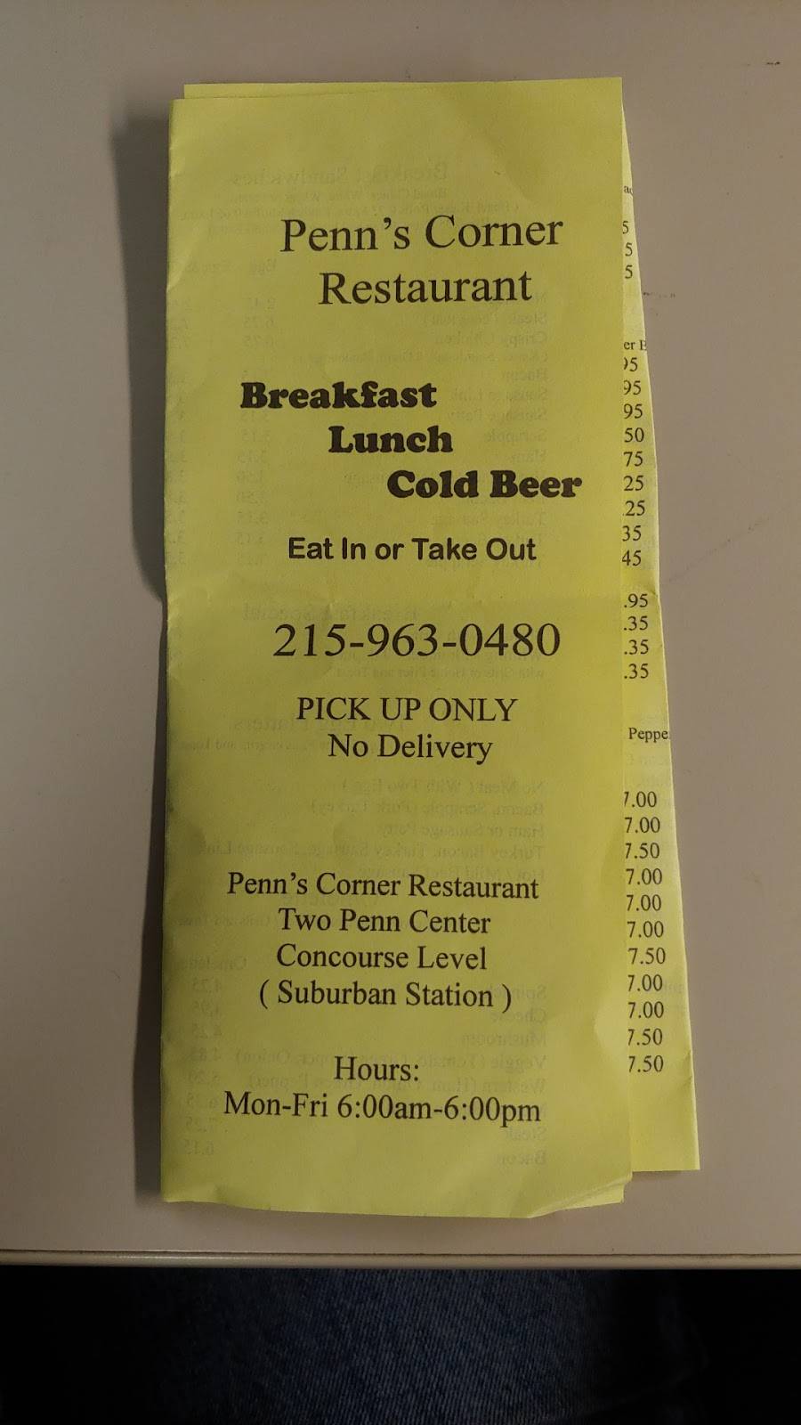 Penns Corner Restaurant | restaurant | 1500 John F Kennedy Blvd, Philadelphia, PA 19102, USA | 2159630480 OR +1 215-963-0480