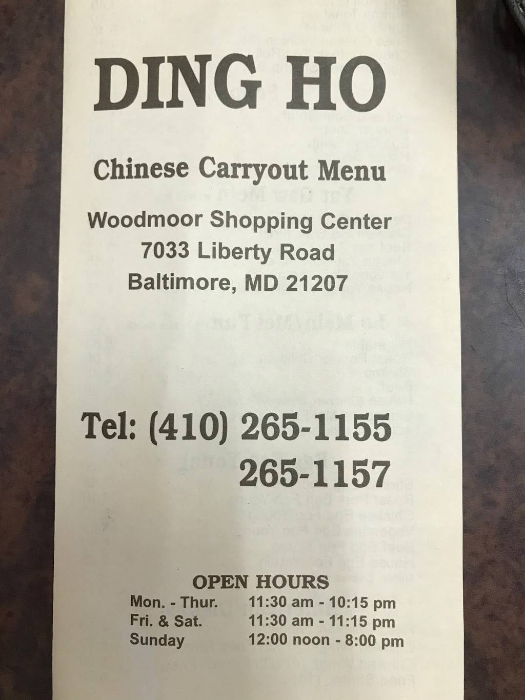 Ding Ho Carry Out | meal takeaway | 7033 Liberty Rd, Gwynn Oak, MD 21207, USA | 4102651155 OR +1 410-265-1155