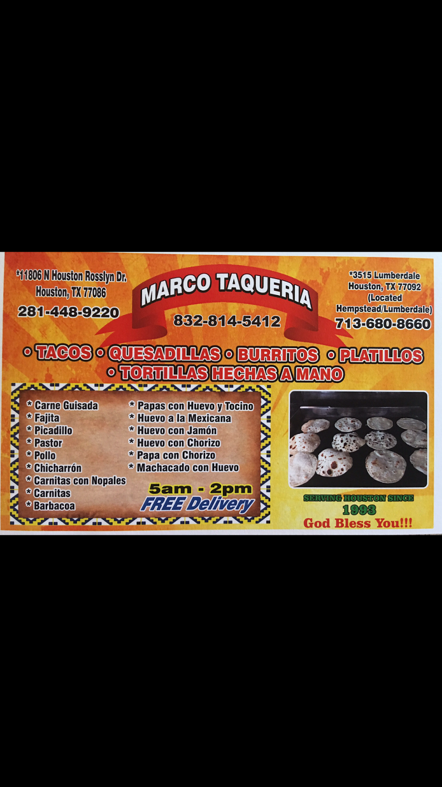 Marcos Taqueria | restaurant | 3513 Lumberdale Rd, Houston, TX 77092, USA | 7136808660 OR +1 713-680-8660