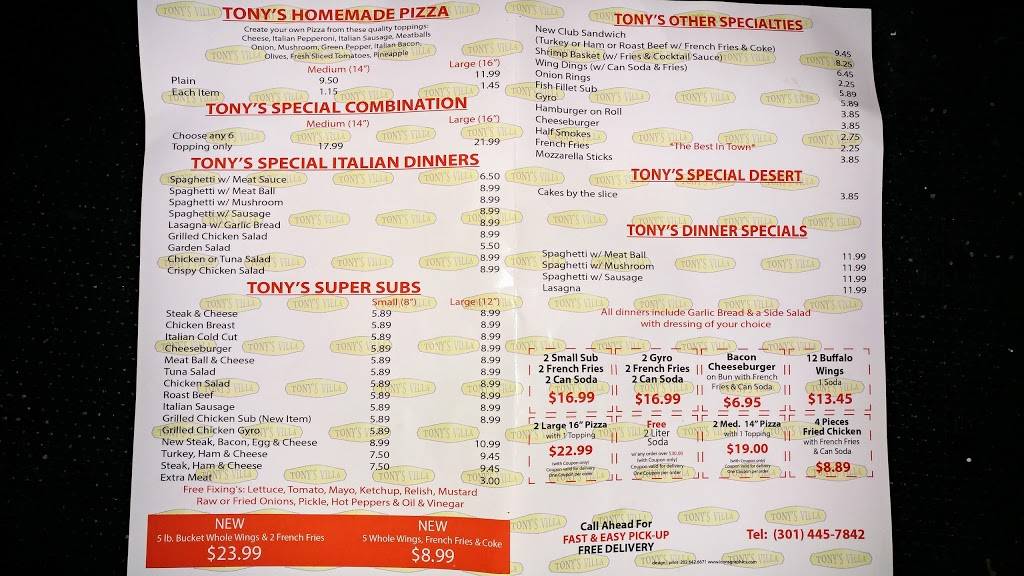 Tonys Villa | restaurant | 7682 New Hampshire Ave, Takoma Park, MD 20912, USA | 3014457842 OR +1 301-445-7842