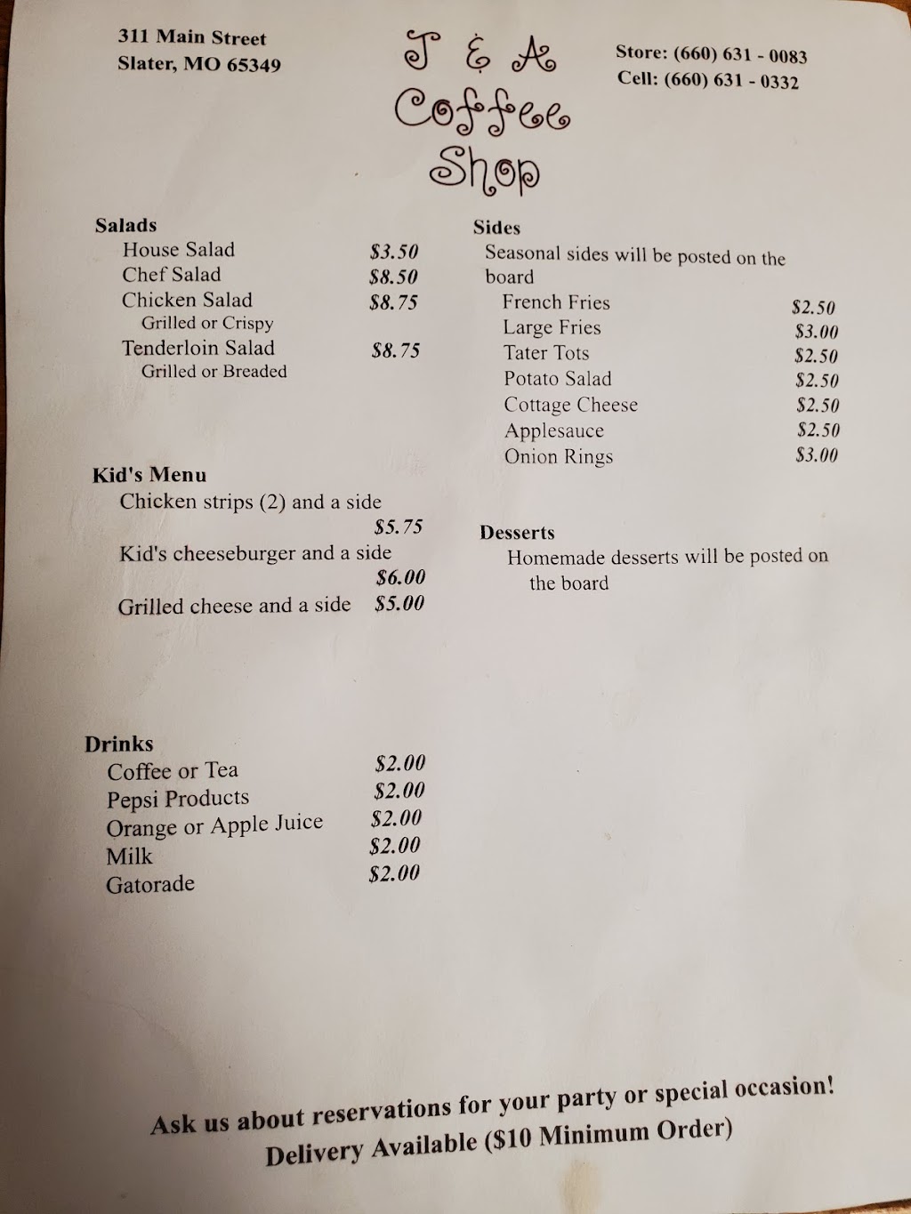 J&A Coffee Shop | restaurant | 311 Main St, Slater, MO 65349, USA | 6606310083 OR +1 660-631-0083