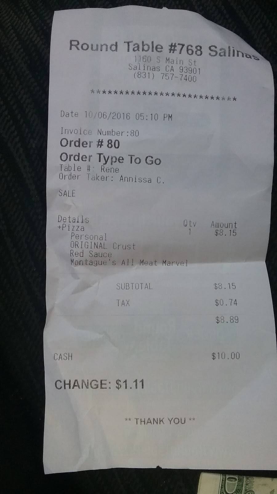 Round Table Pizza | meal delivery | 1160 S Main St, Salinas, CA 93901, USA | 8317577400 OR +1 831-757-7400