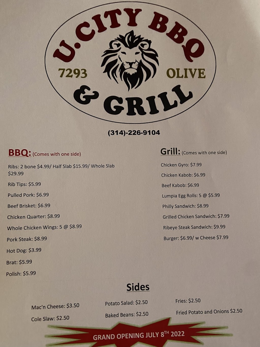 Ucity Bar B. Q. and Grill | restaurant | 7293 Olive Blvd, University City, MO 63130, USA | 3142269104 OR +1 314-226-9104