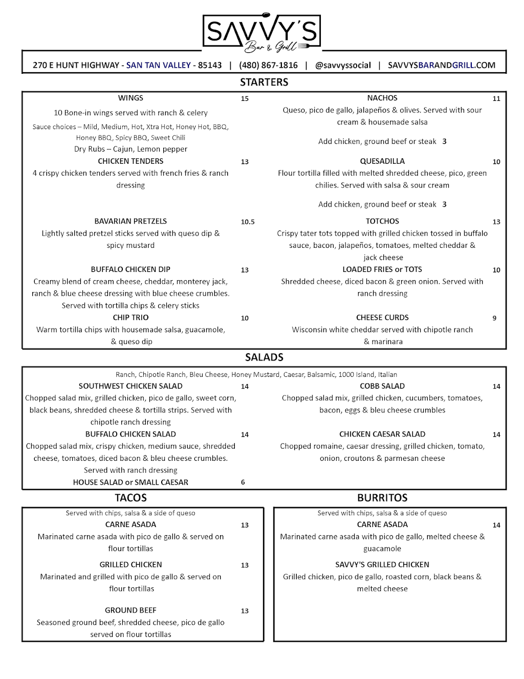 Savvy’s Bar and Grill | restaurant | 270 E Hunt Hwy #20, San Tan Valley, AZ 85143, USA | 4808671816 OR +1 480-867-1816