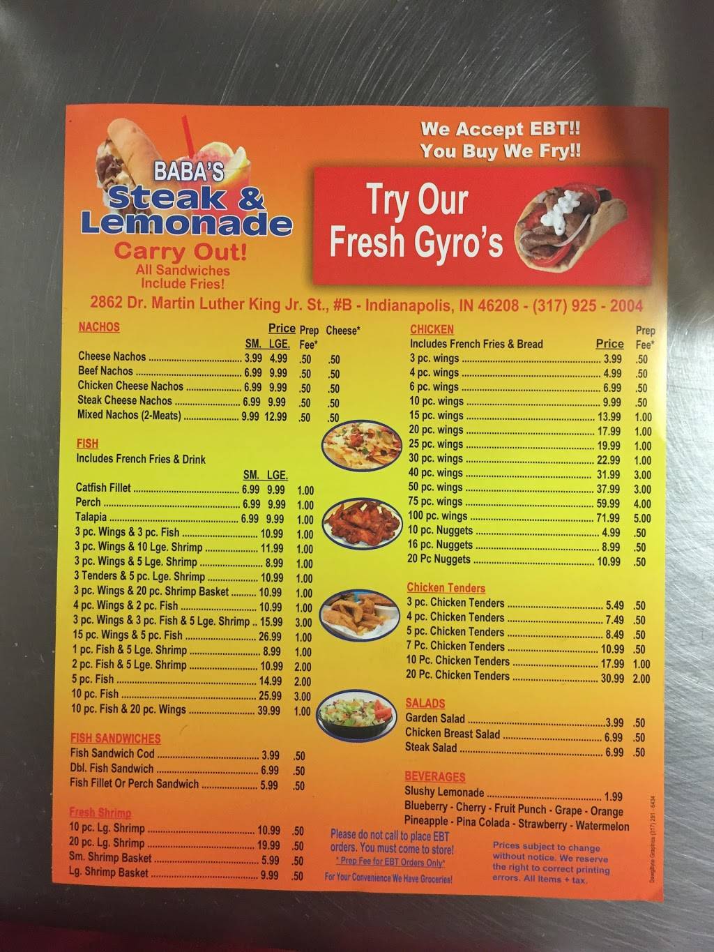 Babas Steak & Lemonade | restaurant | 2862 Doctor M.L.K. Jr St, Indianapolis, IN 46208, USA | 3179252004 OR +1 317-925-2004