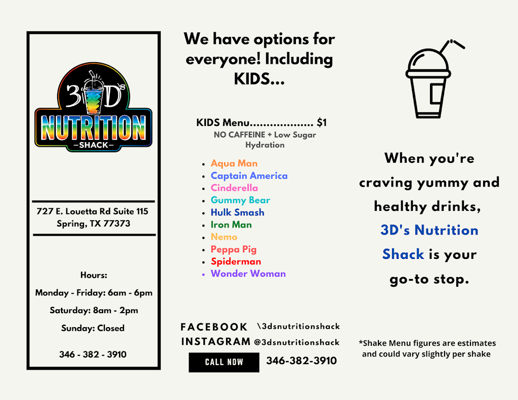 3Ds Nutrition Shack | restaurant | 727 E Louetta Rd Suite 115, Spring, TX 77373, USA | 3463823910 OR +1 346-382-3910