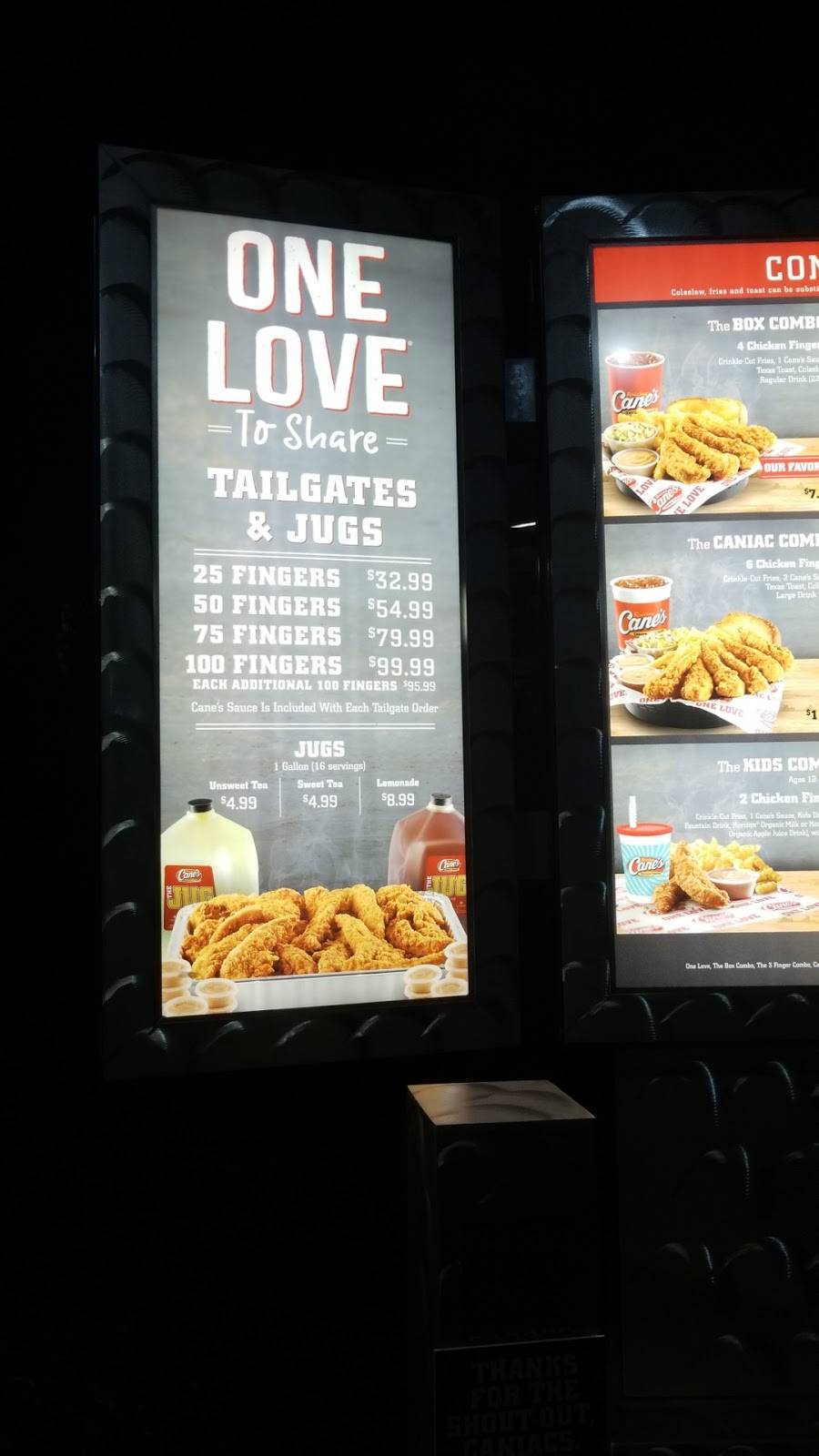 Raising Canes Chicken Fingers | restaurant | 9811 Mission Gorge Rd, Santee, CA 92071, USA | 6194490565 OR +1 619-449-0565