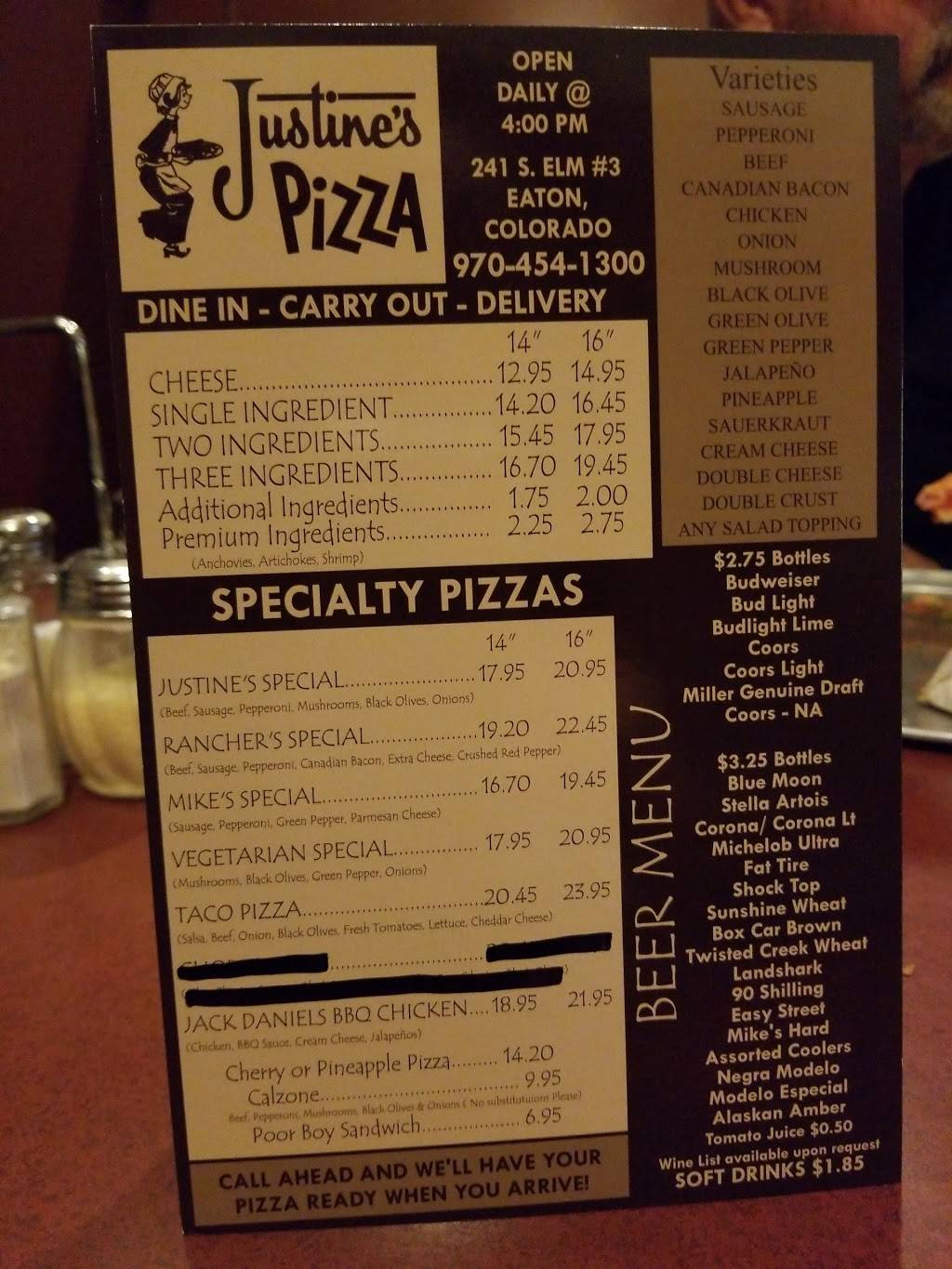 Justines Pizza | meal delivery | 241 S Elm Ave, Eaton, CO 80615, USA | 9704541300 OR +1 970-454-1300