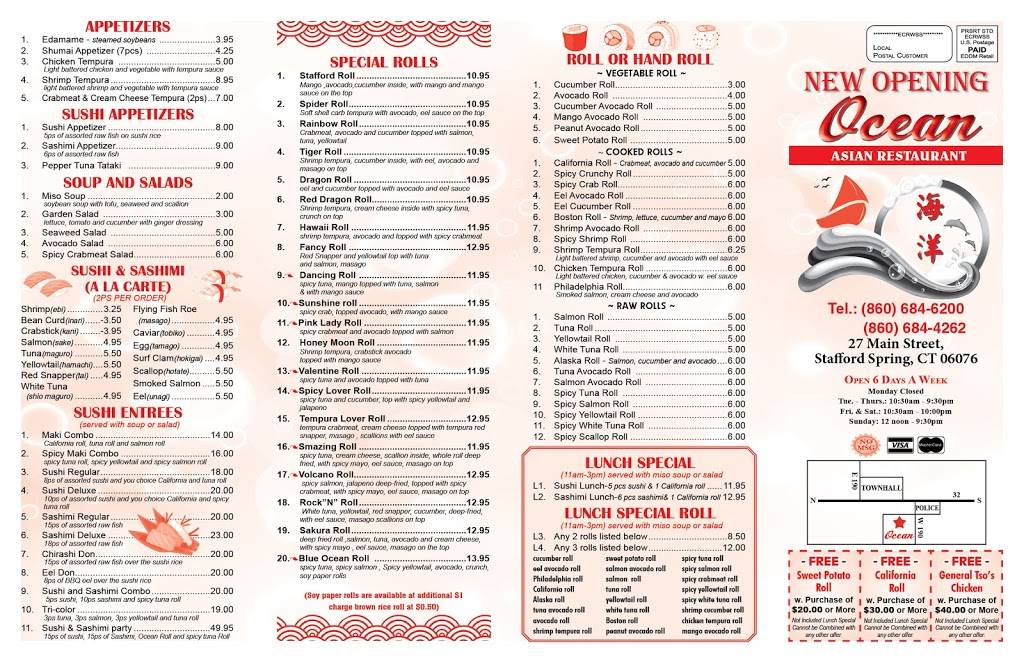 ocean asian restaurant | restaurant | 27 Main St, Stafford, CT 06076, USA | 8606844262 OR +1 860-684-4262