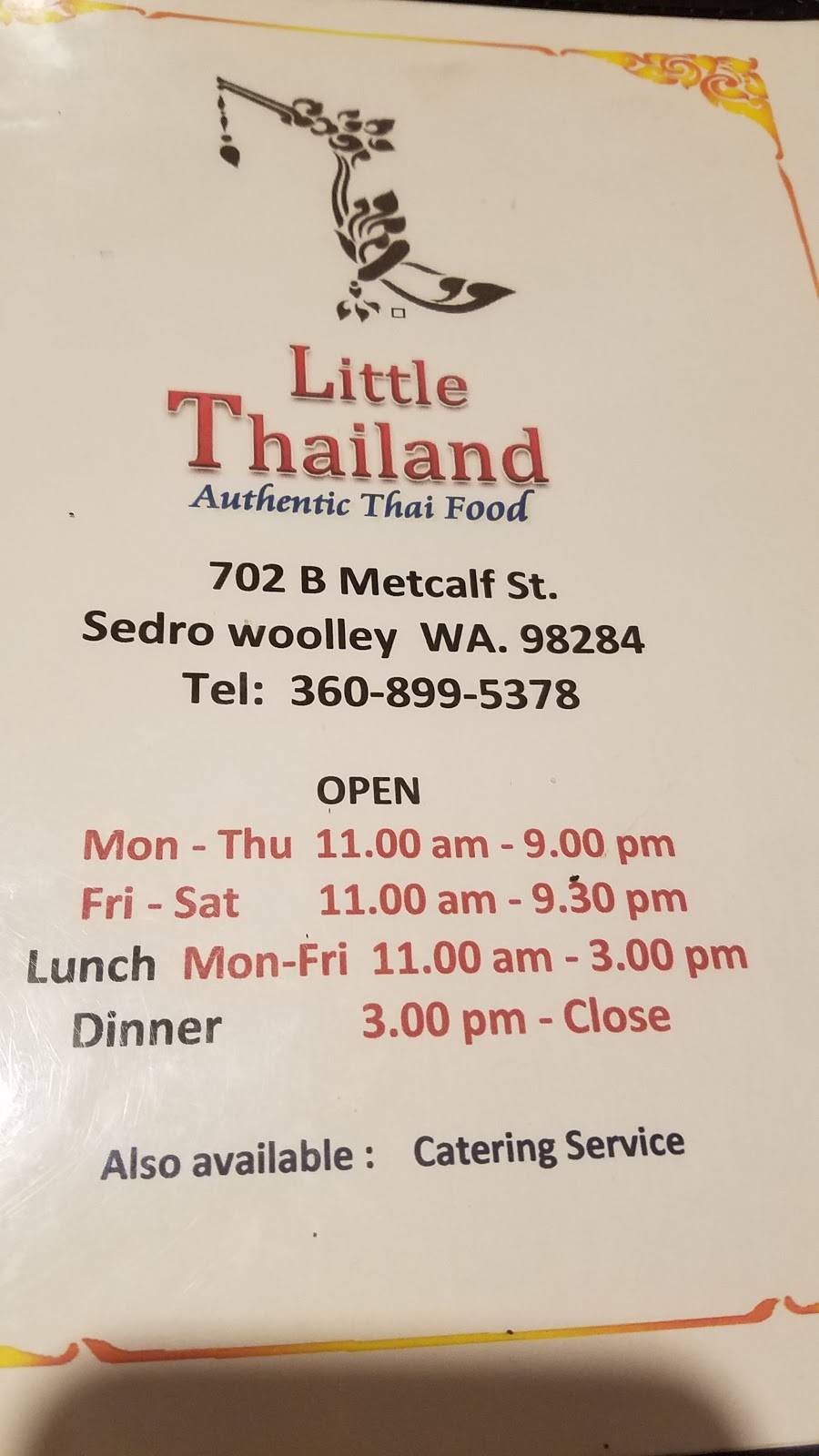 Little Thailand | restaurant | 702 Metcalf St, Sedro-Woolley, WA 98284, USA | 3608995378 OR +1 360-899-5378