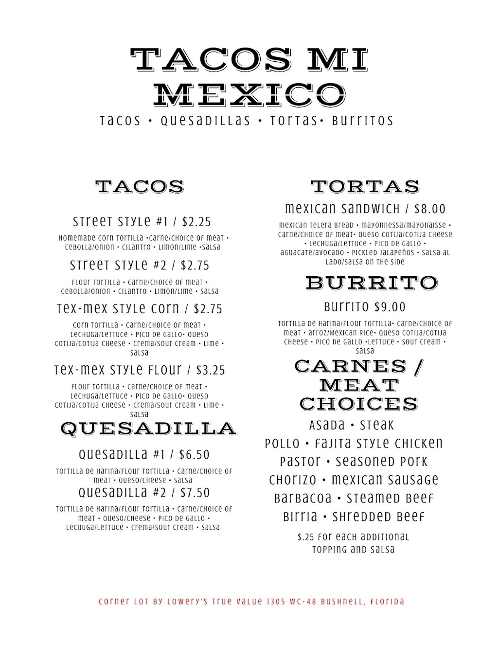 Tacos Mi Mexico | restaurant | 1305 W C 48, Bushnell, FL 33513, USA | 3524573169 OR +1 352-457-3169