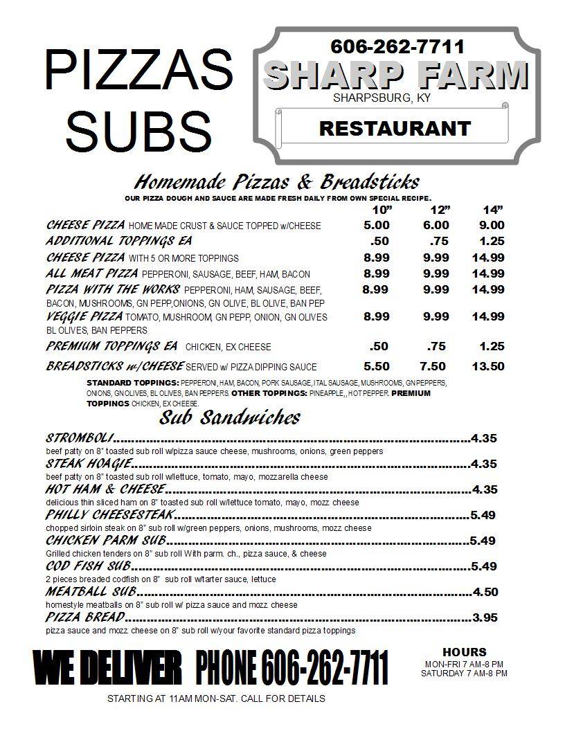 Sharp Farms Restaurant | restaurant | 4965 KY-11, Sharpsburg, KY 40374, USA | 6062627711 OR +1 606-262-7711