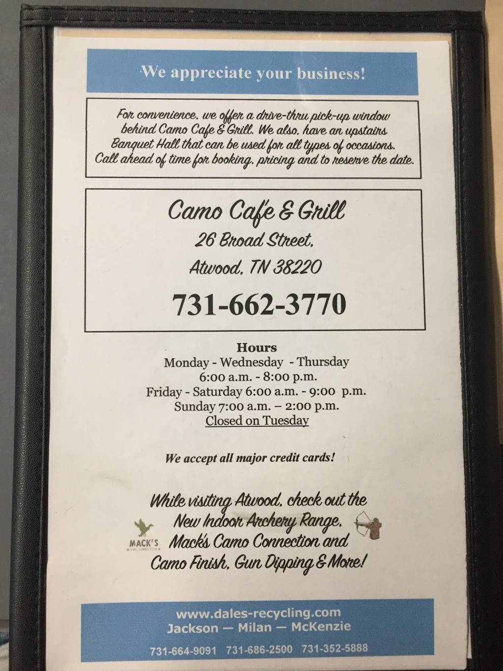 Camo Cafe & Grill Atwood Tennessee | restaurant | 26 Broad St, Atwood, TN 38220, USA | 7316623770 OR +1 731-662-3770