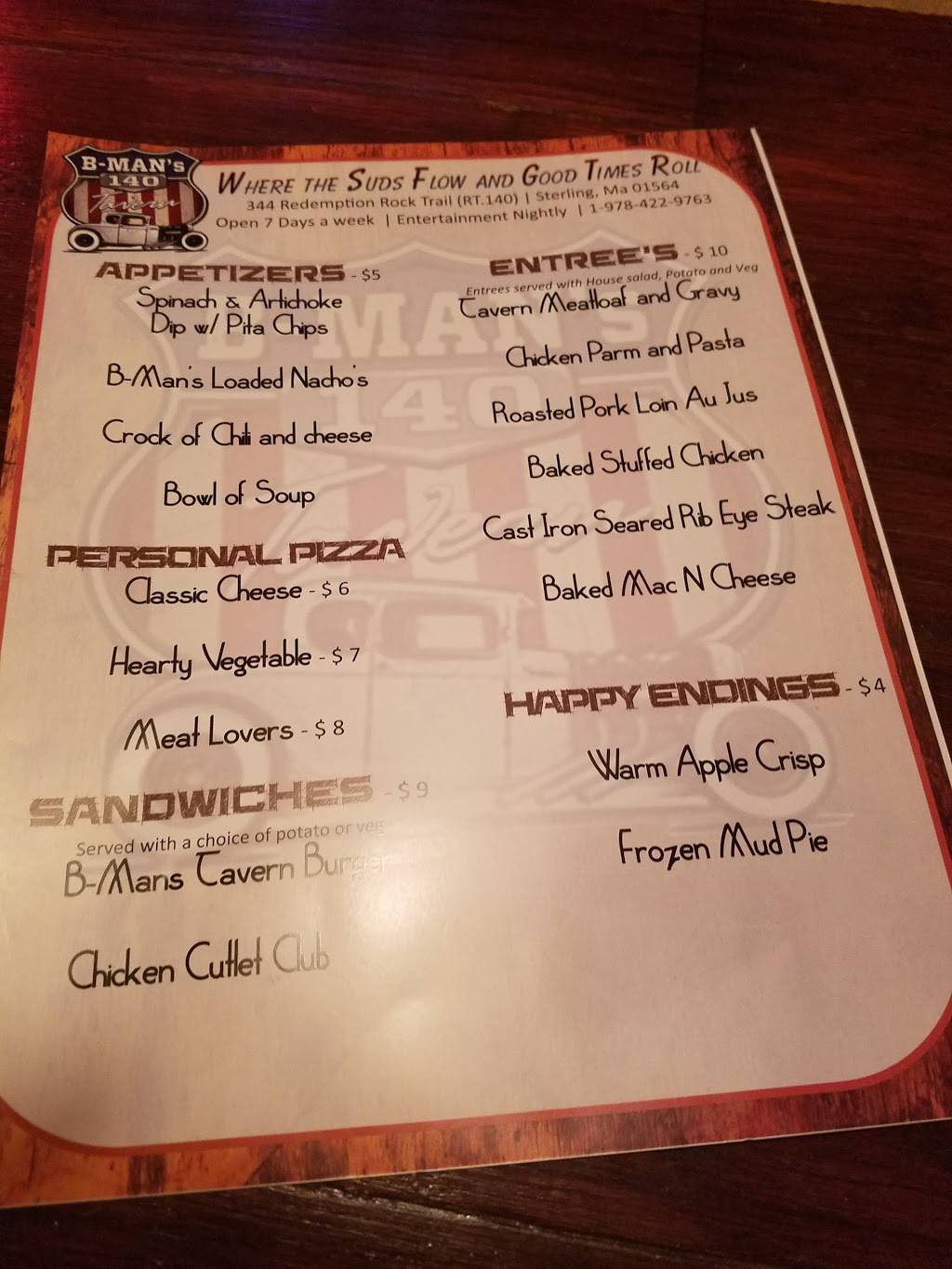 B-Mans 140 Tavern | restaurant | 344 Redemption Rock Trail, Sterling, MA 01564, USA | 9784229763 OR +1 978-422-9763