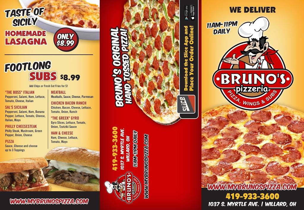 Brunos Pizzeria | restaurant | 1037 S Myrtle Ave, Willard, OH 44890, USA | 4199333600 OR +1 419-933-3600
