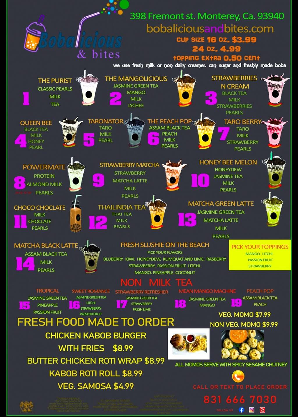 bobalicious and bites | restaurant | 398 Fremont St, Monterey, CA 93940, USA | 8316667030 OR +1 831-666-7030