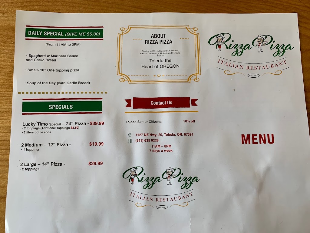 Rizza Pizza | restaurant | 1127 NE Hwy 20, Toledo, OR 97391, USA | 5416350228 OR +1 541-635-0228