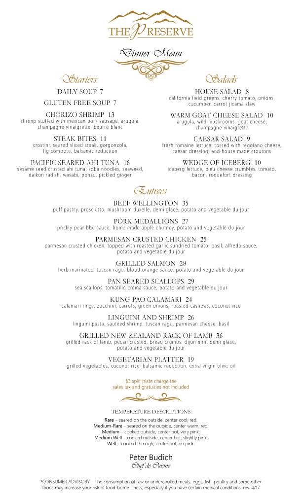 The Preserve Fine Dining | restaurant | 66567 E Catalina Hills Dr, Tucson, AZ 85739, USA | 5208253028 OR +1 520-825-3028