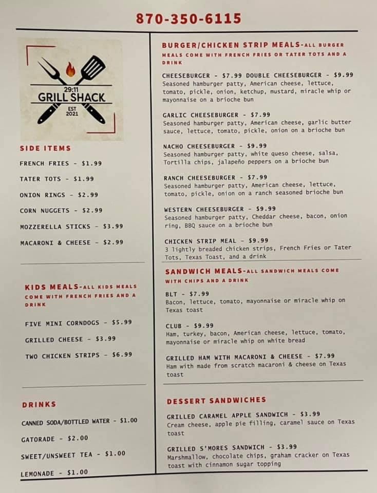 29:11 Grill Shack | restaurant | 1316 W Trimble Ave, Berryville, AR 72616, USA | 8703506115 OR +1 870-350-6115