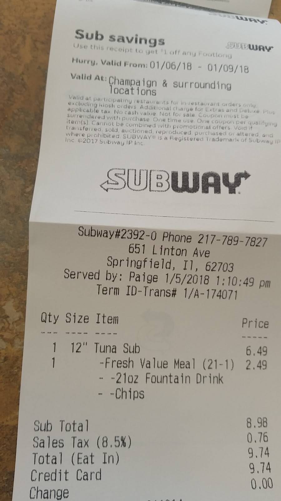 Subway | restaurant | 651 E Linton Ave, Springfield, IL 62703, USA | 2177897827 OR +1 217-789-7827