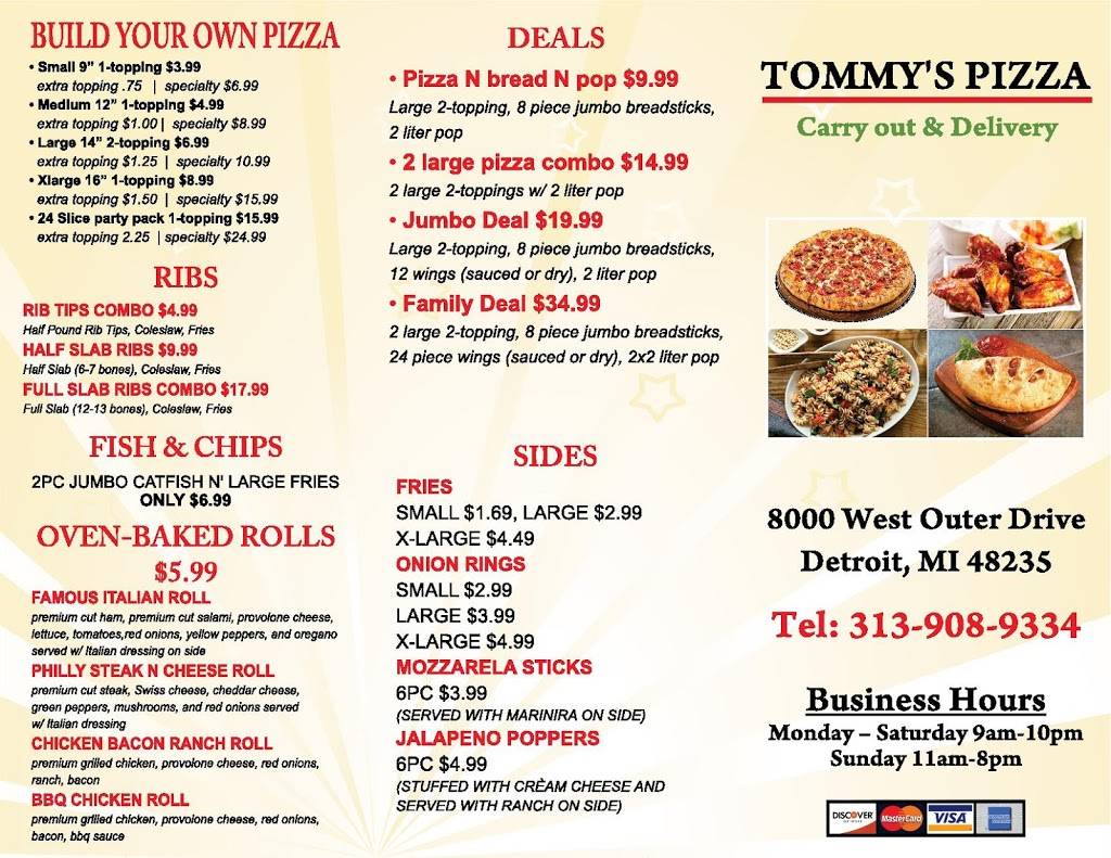 tommys pizza | restaurant | 8000 Outer Dr W, Detroit, MI 48235, USA | 3139089334 OR +1 313-908-9334