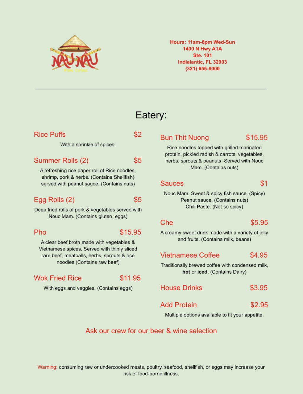 Nau Nau Asian Cuisine | restaurant | 1400 N Hwy A1A Suite 101, Indialantic, FL 32903, USA | 3216558000 OR +1 321-655-8000