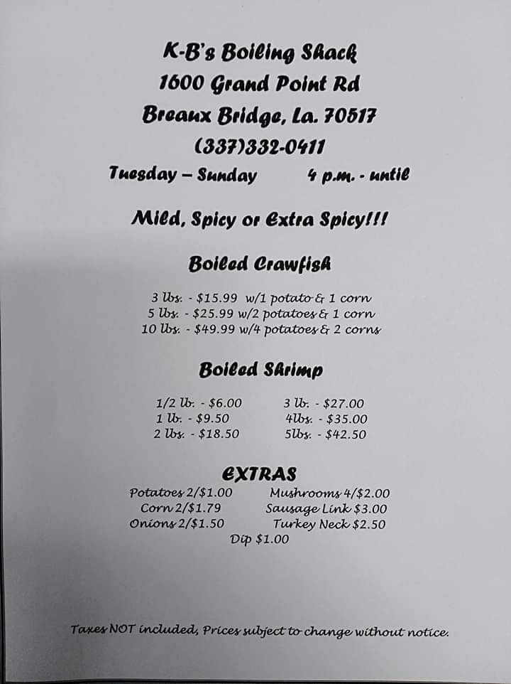 K-Bs Boiling Shack | restaurant | 1600 Grand Pointe Ave, Breaux Bridge, LA 70517, USA | 3373320411 OR +1 337-332-0411