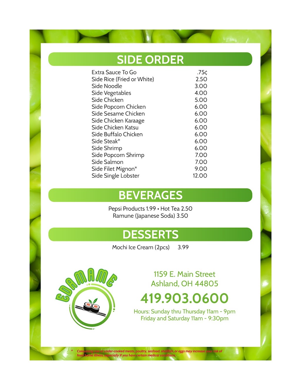 EDAMAME HIBACHI, WINGS, AND SUSHI | restaurant | 1159 E Main St, Ashland, OH 44805, USA | 4199030600 OR +1 419-903-0600