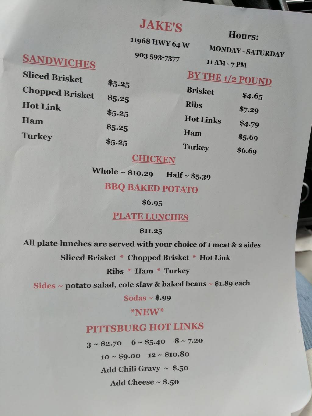 Jakes BBQ | restaurant | 11968 TX-64, Tyler, TX 75704, USA | 9035937377 OR +1 903-593-7377