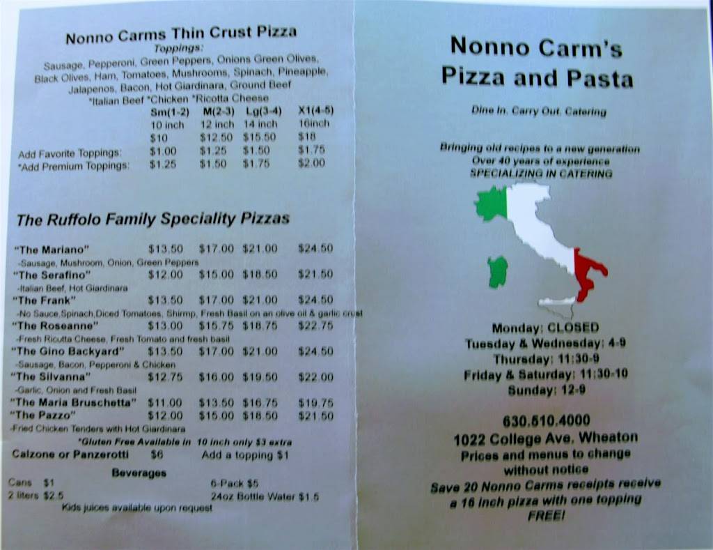 Nonno Carms Pizza and Pasta | restaurant | 1022 College Ave, Wheaton, IL 60187, USA | 6305104000 OR +1 630-510-4000